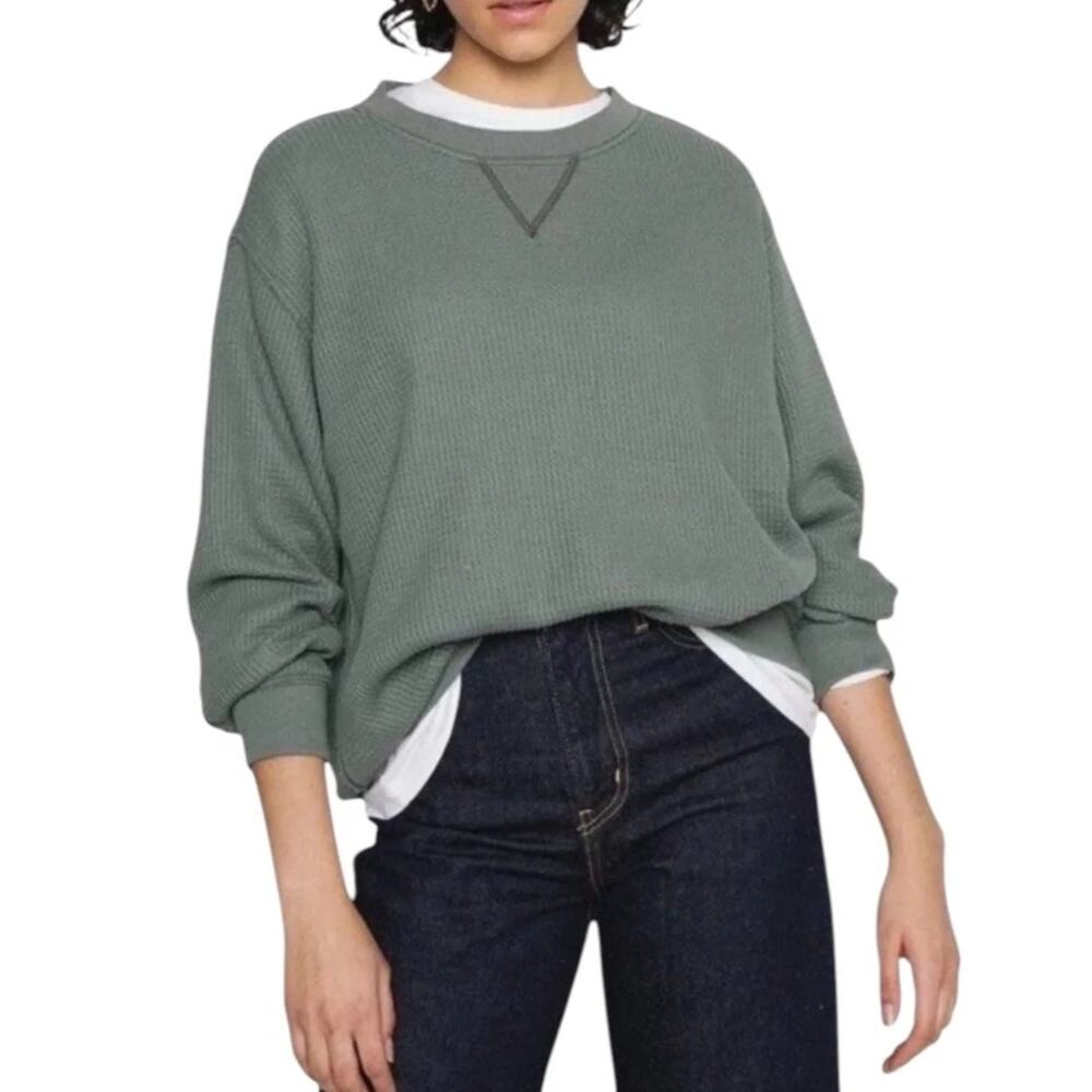 Aerie Sage Green Waffle Knit Oversized Crewneck Thermal Sweatshirt Size XS